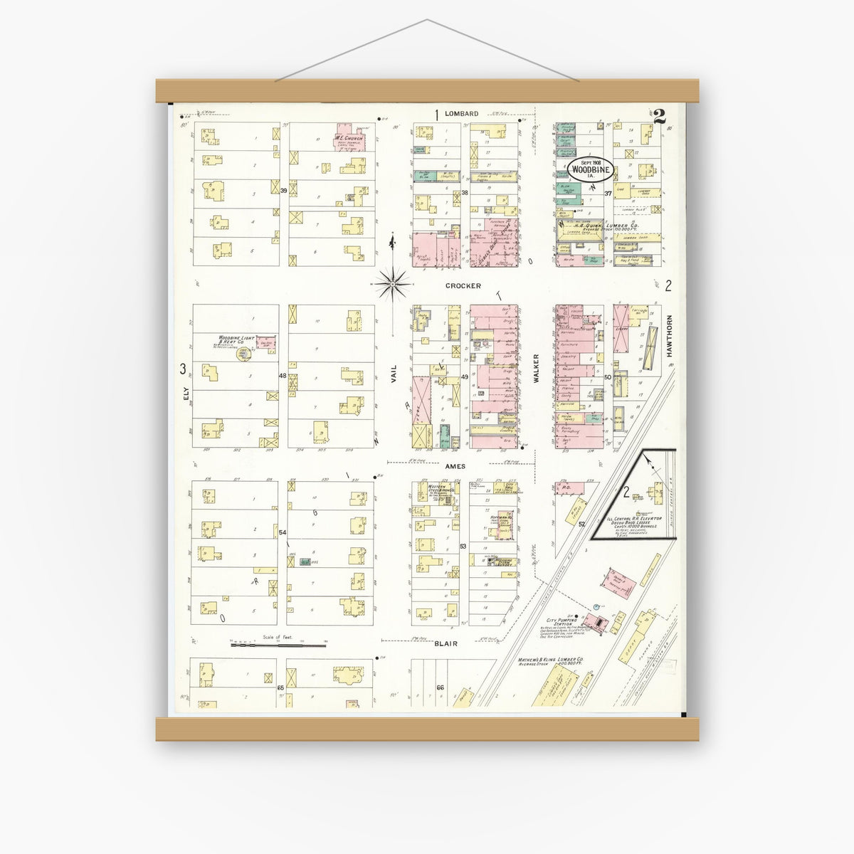 Old map wall art mockup — magnetic wood frame on white wall — Sanborn Fire Insurance Map from Woodbine, Harrison County, Iowa (1908), Sheet #0002