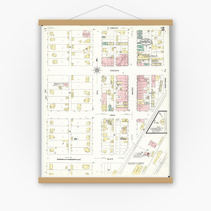 Old map wall art mockup — magnetic wood frame on white wall — Sanborn Fire Insurance Map from Woodbine, Harrison County, Iowa (1908), Sheet #0002