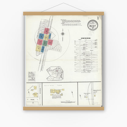 Old map wall art mockup — magnetic wood frame on white wall — Sanborn Fire Insurance Map from West, McLennan County, Texas (1921), Sheet #0001