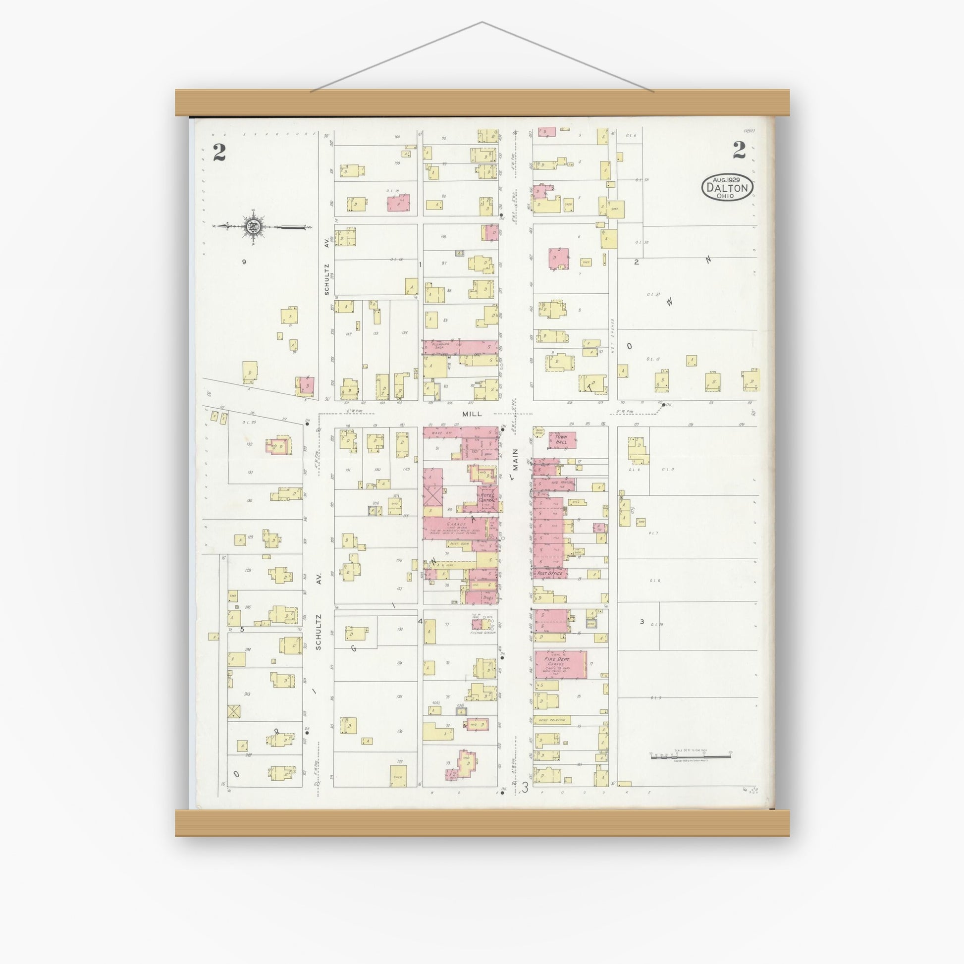 Old map wall art mockup — magnetic wood frame on white wall — Sanborn Fire Insurance Map from Dalton, Wayne County, Ohio (1929), Sheet #0002