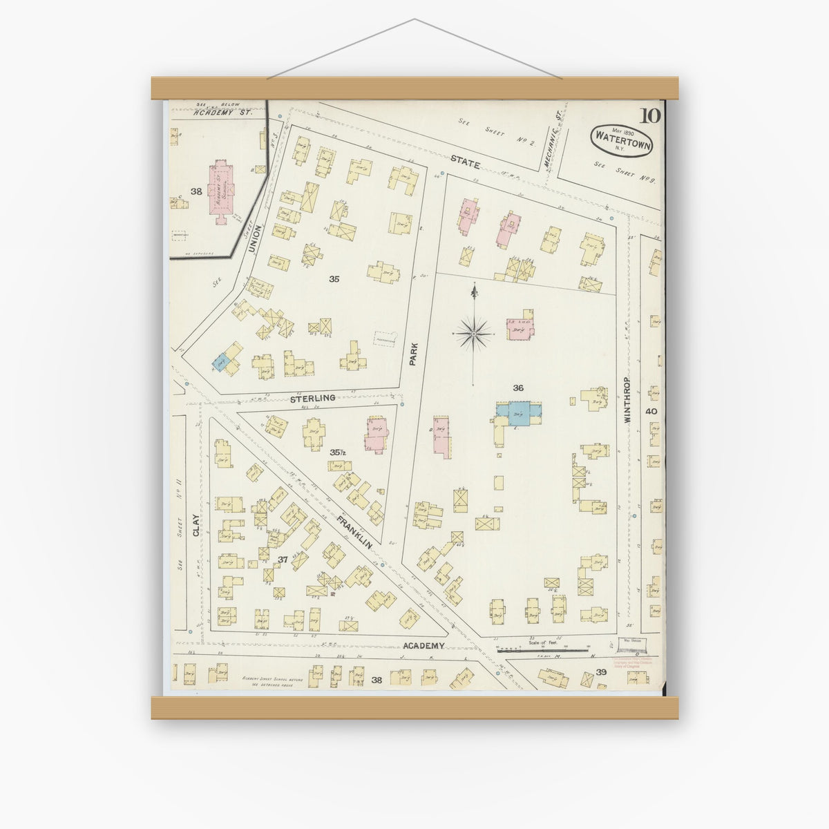 Old map wall art mockup — magnetic wood frame on white wall — Sanborn Fire Insurance Map from Watertown, Jefferson County, New York (1890), Sheet #0010