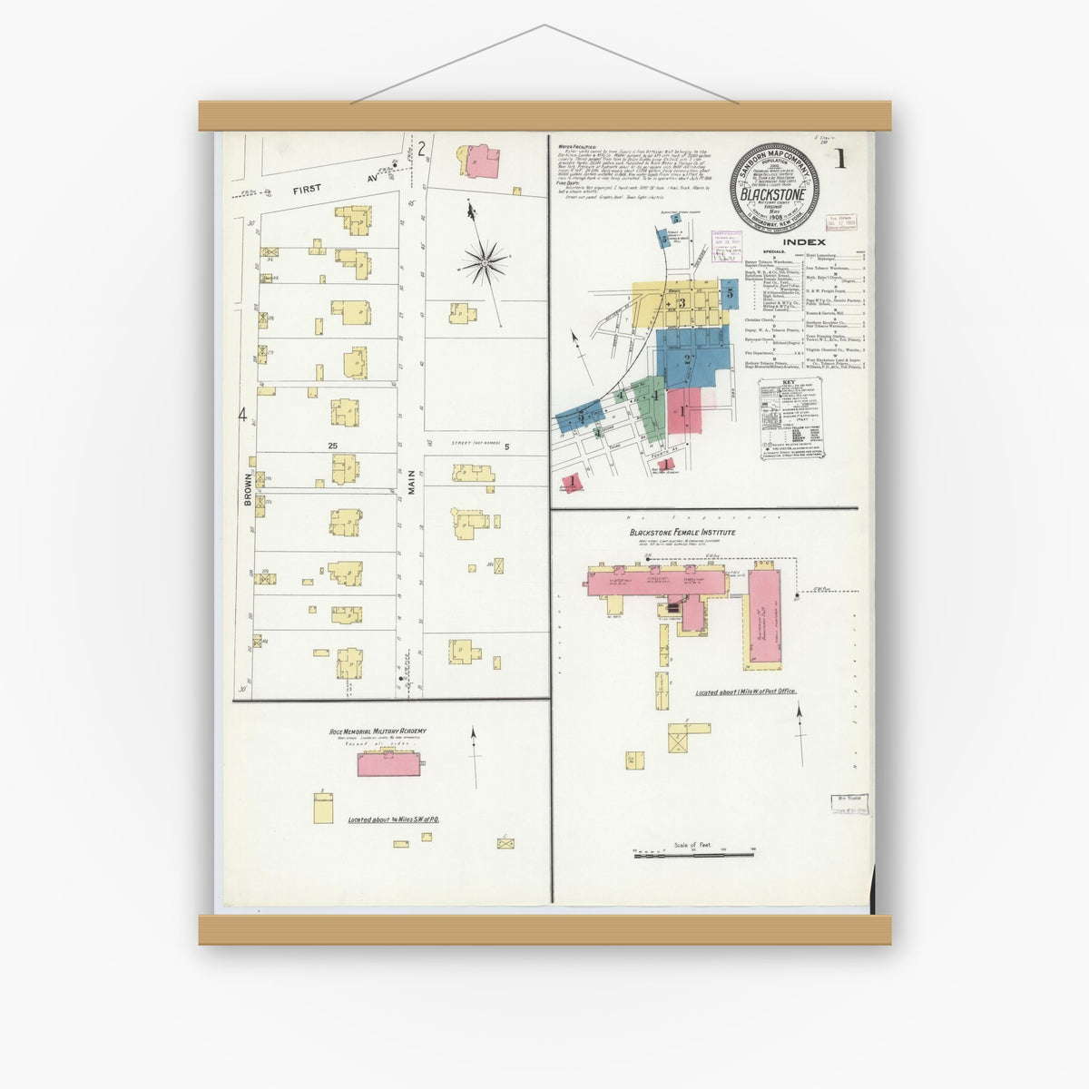 Old map wall art mockup — magnetic wood frame on white wall — Sanborn Fire Insurance Map from Blackstone, Nottoway County, Virginia (1908), Sheet #0001