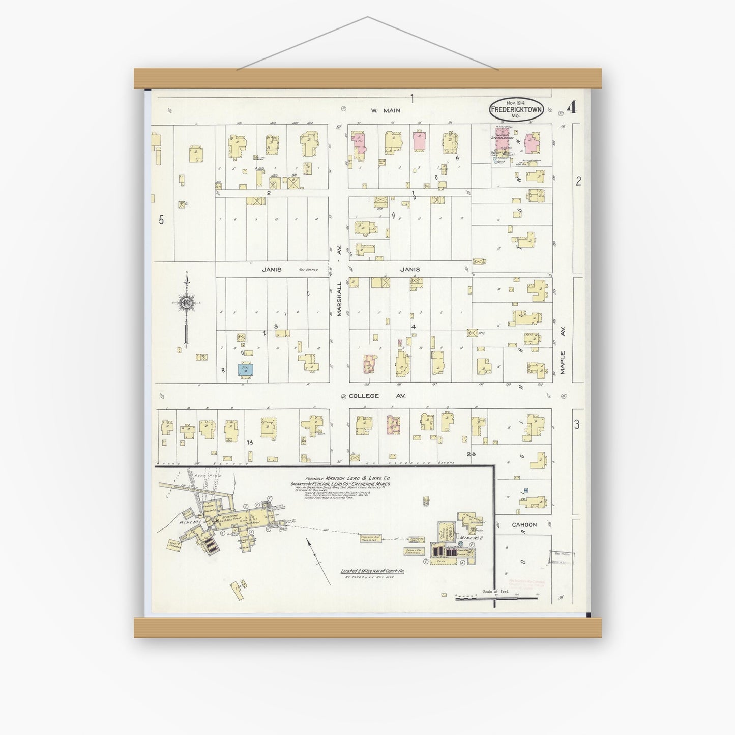 Old map wall art mockup — magnetic wood frame on white wall — Sanborn Fire Insurance Map from Fredericktown, Madison County, Missouri (1914), Sheet #0004