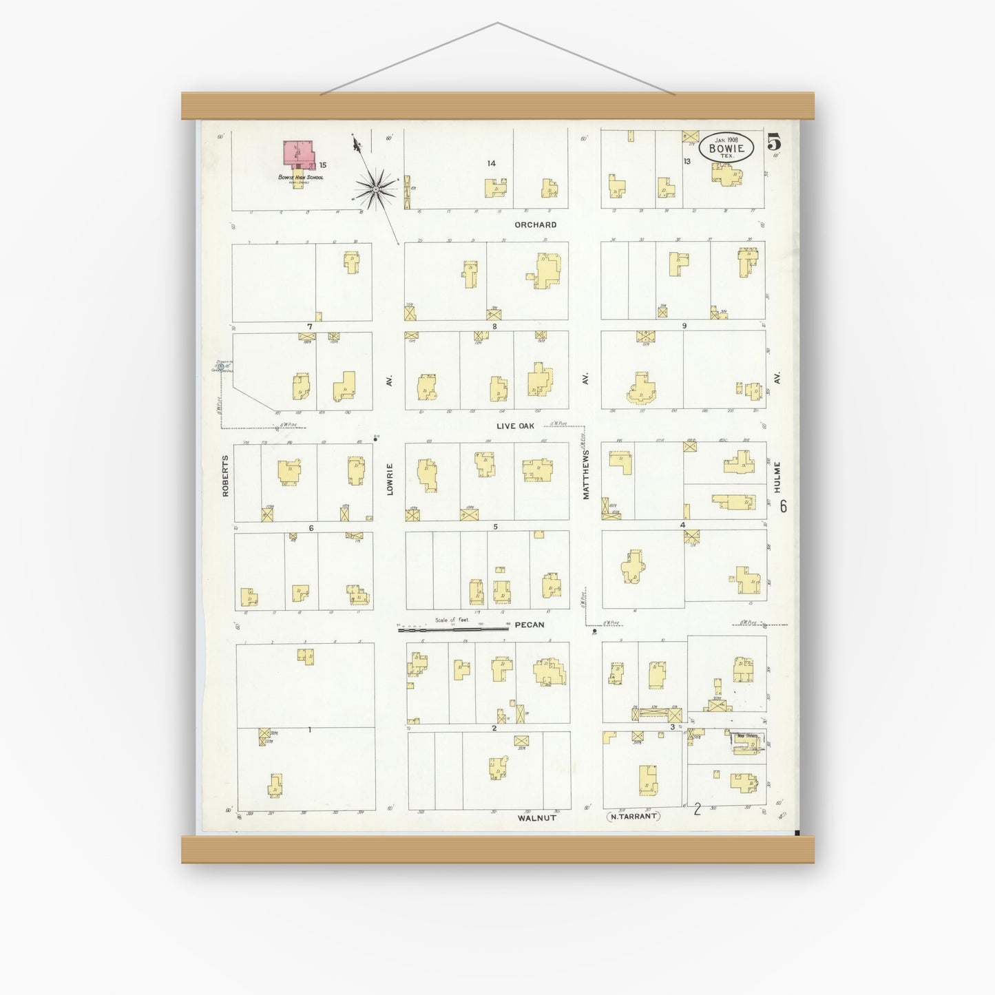 Old map wall art mockup — magnetic wood frame on white wall — Sanborn Fire Insurance Map from Bowie, Montague County, Texas (1908), Sheet #0005