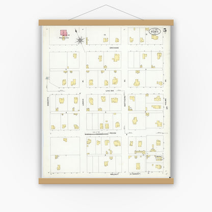 Old map wall art mockup — magnetic wood frame on white wall — Sanborn Fire Insurance Map from Bowie, Montague County, Texas (1908), Sheet #0005