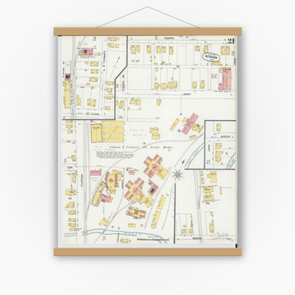 Old map wall art mockup — magnetic wood frame on white wall — Sanborn Fire Insurance Map from Newark, Licking County, Ohio (1899), Sheet #0021
