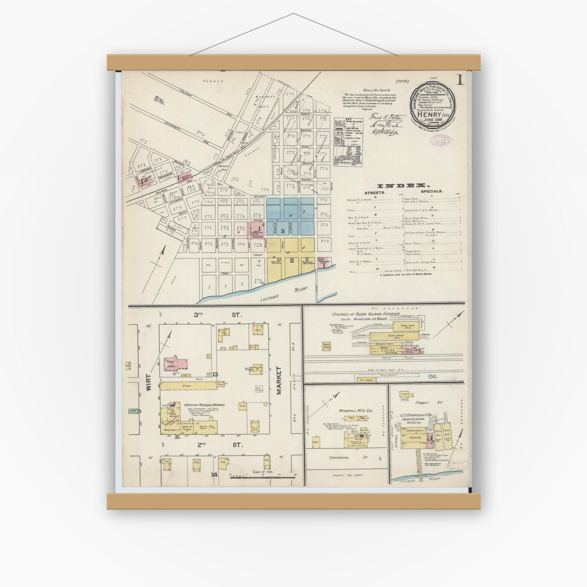 Old map wall art mockup — magnetic wood frame on white wall — Sanborn Fire Insurance Map from Henry, Marshall County, Illinois (1888), Sheet #0001