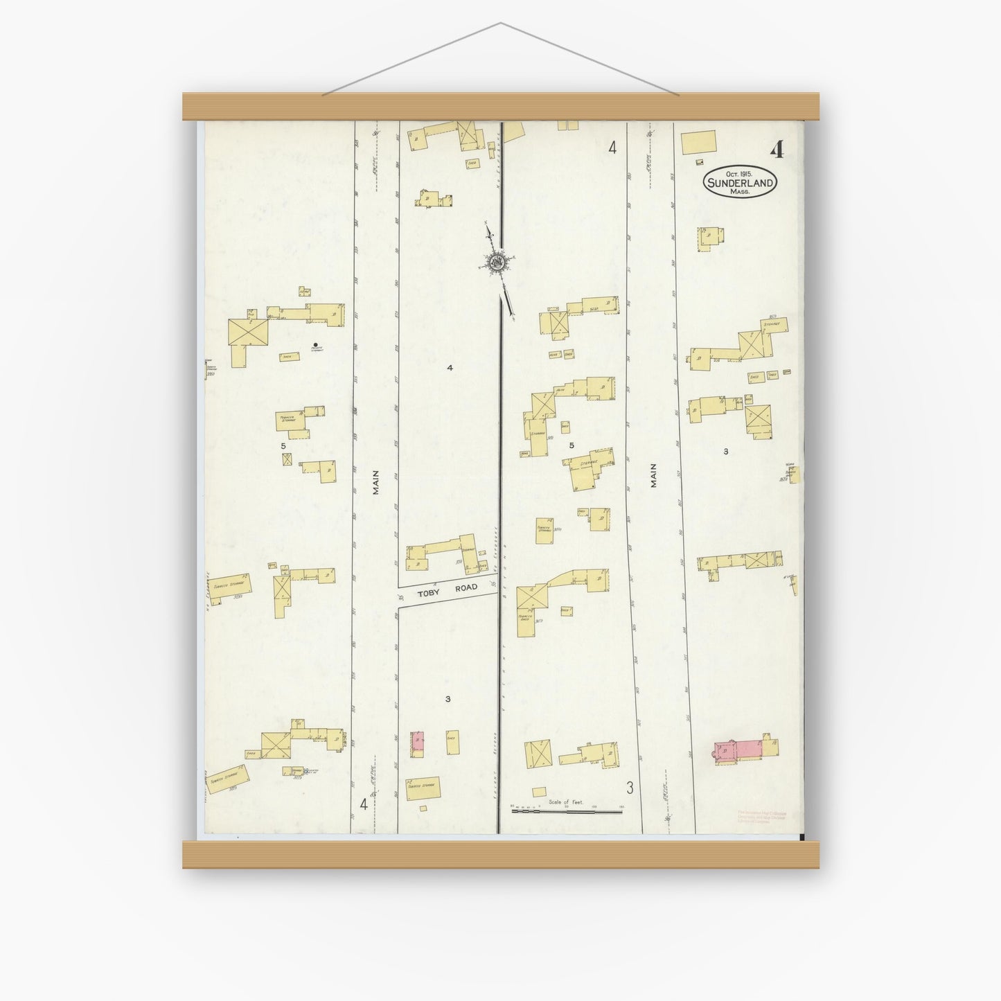 Old map wall art mockup — magnetic wood frame on white wall — Sanborn Fire Insurance Map from Sunderland, Franklin County, Massachusetts (1915), Sheet #0004