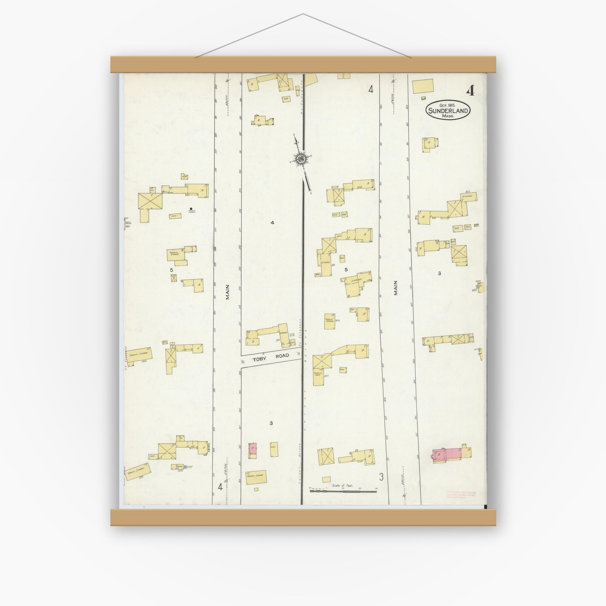 Old map wall art mockup — magnetic wood frame on white wall — Sanborn Fire Insurance Map from Sunderland, Franklin County, Massachusetts (1915), Sheet #0004