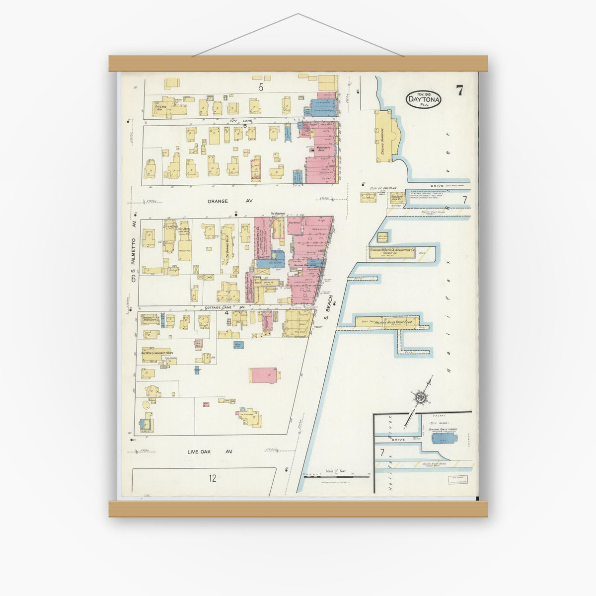 Old map wall art mockup — magnetic wood frame on white wall — Sanborn Fire Insurance Map from Daytona, Volusia County, Florida (1916), Sheet #0007