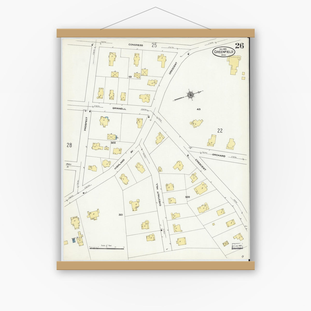 Old map wall art mockup — magnetic wood frame on white wall — Sanborn Fire Insurance Map from Greenfield, Franklin County, Massachusetts (1909), Sheet #0026