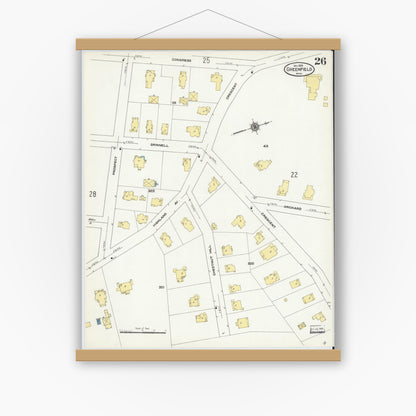 Old map wall art mockup — magnetic wood frame on white wall — Sanborn Fire Insurance Map from Greenfield, Franklin County, Massachusetts (1909), Sheet #0026