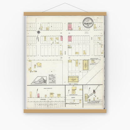 Old map wall art mockup — magnetic wood frame on white wall — Sanborn Fire Insurance Map from Alberta, Brunswick County, Virginia (1920), Sheet #0001