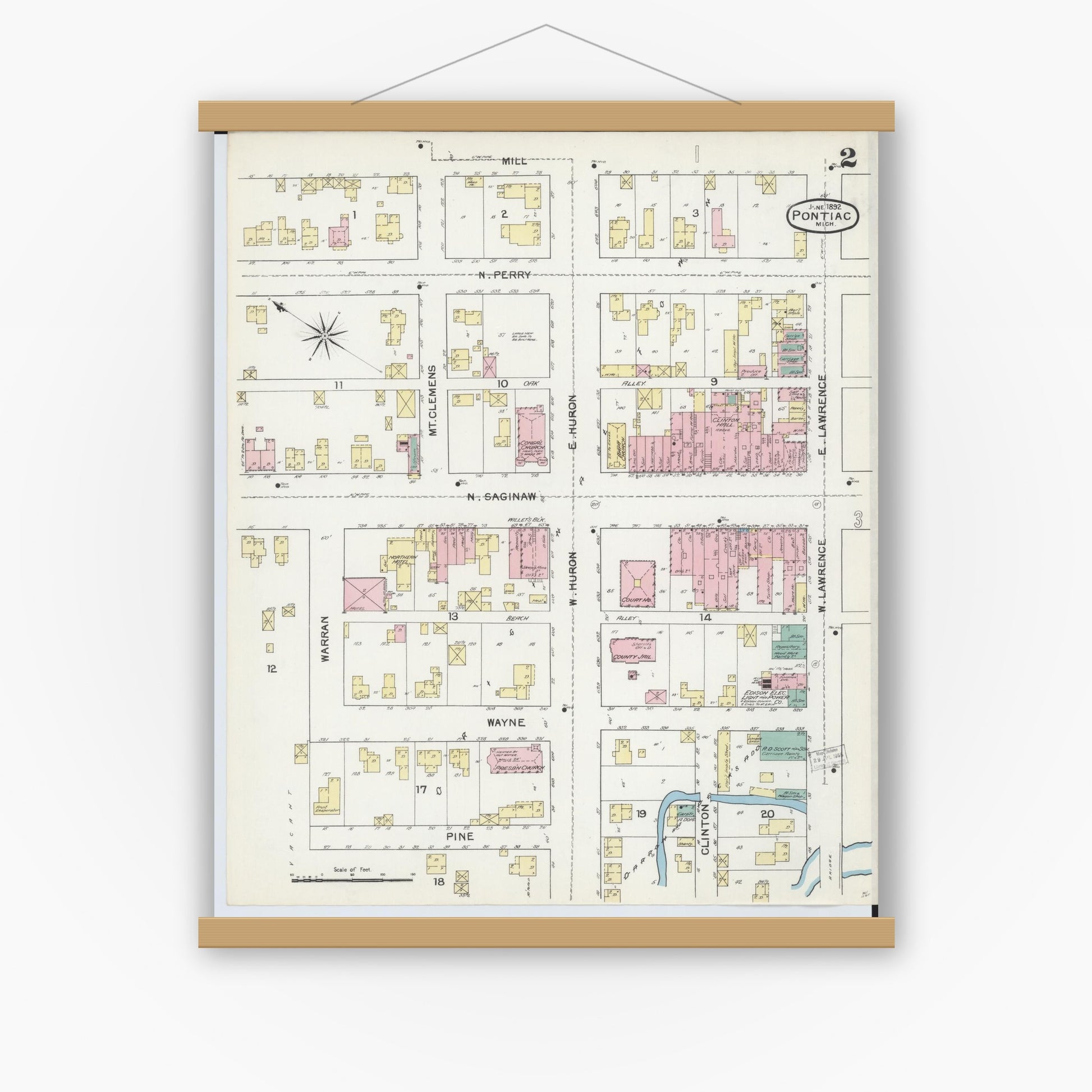 Old map wall art mockup — magnetic wood frame on white wall — Sanborn Fire Insurance Map from Pontiac, Oakland County, Michigan (1892), Sheet #0002