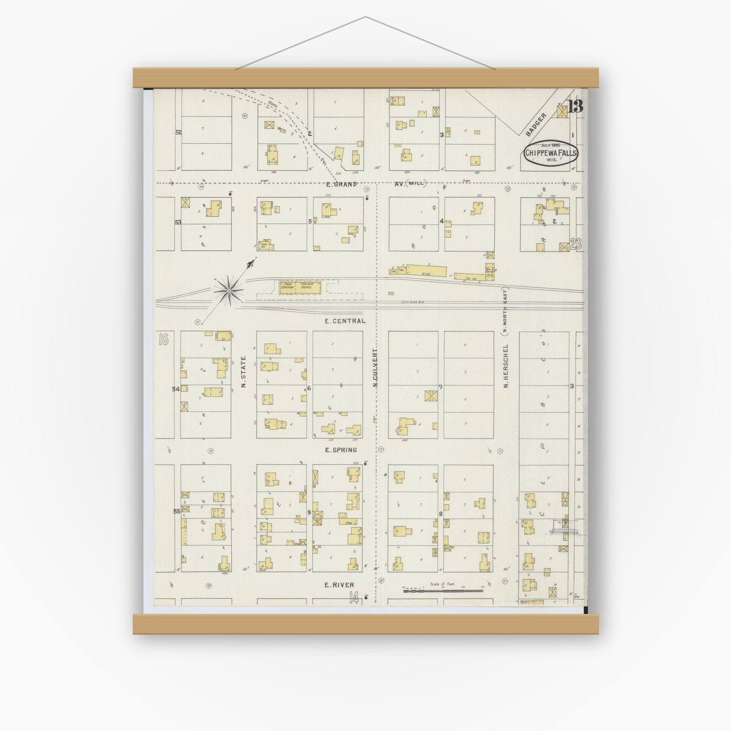 Old map wall art mockup — magnetic wood frame on white wall — Sanborn Fire Insurance Map from Chippewa Falls, Chippewa County, Wisconsin (1895), Sheet #0013