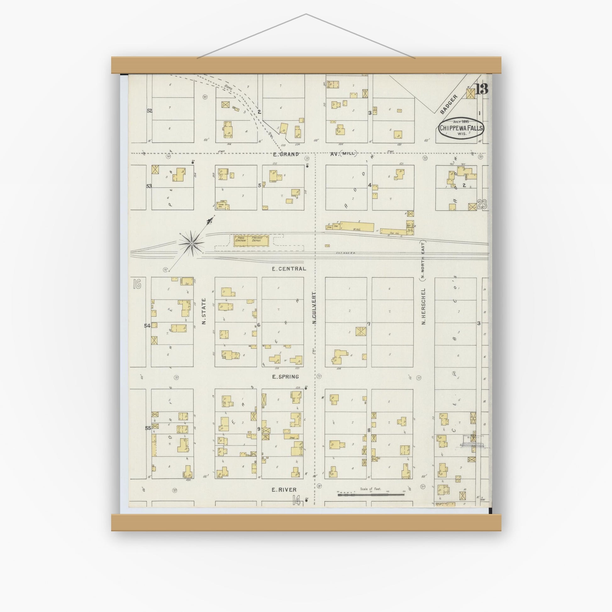Old map wall art mockup — magnetic wood frame on white wall — Sanborn Fire Insurance Map from Chippewa Falls, Chippewa County, Wisconsin (1895), Sheet #0013