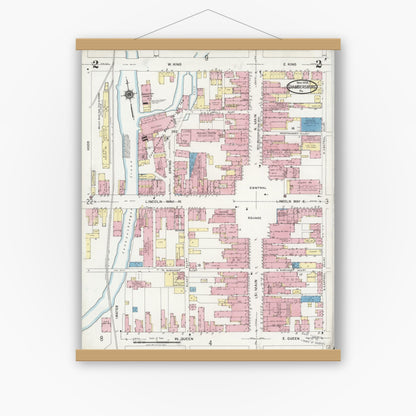 Old map wall art mockup — magnetic wood frame on white wall — Sanborn Fire Insurance Map from Chambersburg, Franklin County, Pennsylvania (1924), Sheet #0002