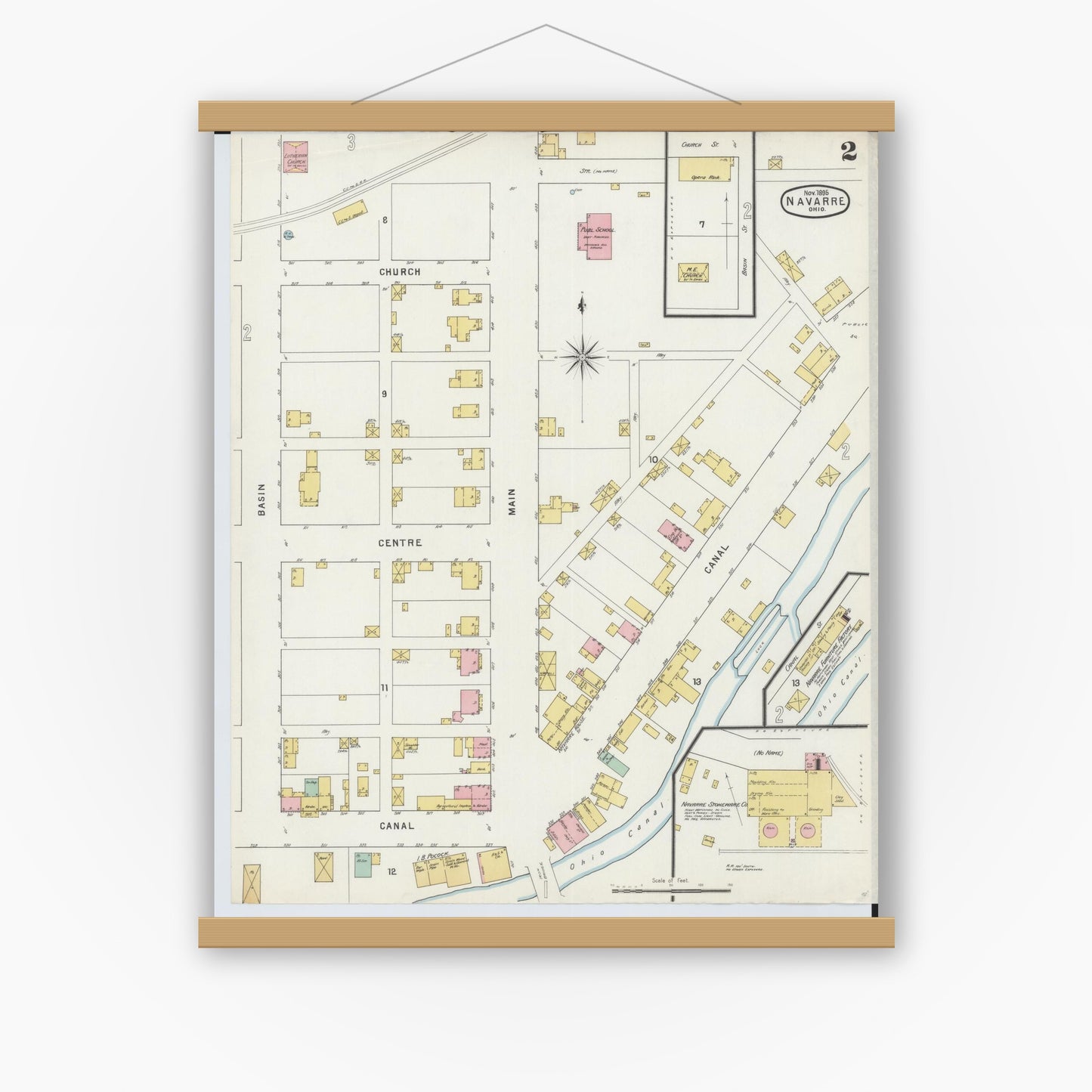 Old map wall art mockup — magnetic wood frame on white wall — Sanborn Fire Insurance Map from Navarre, Stark County, Ohio (1895), Sheet #0002