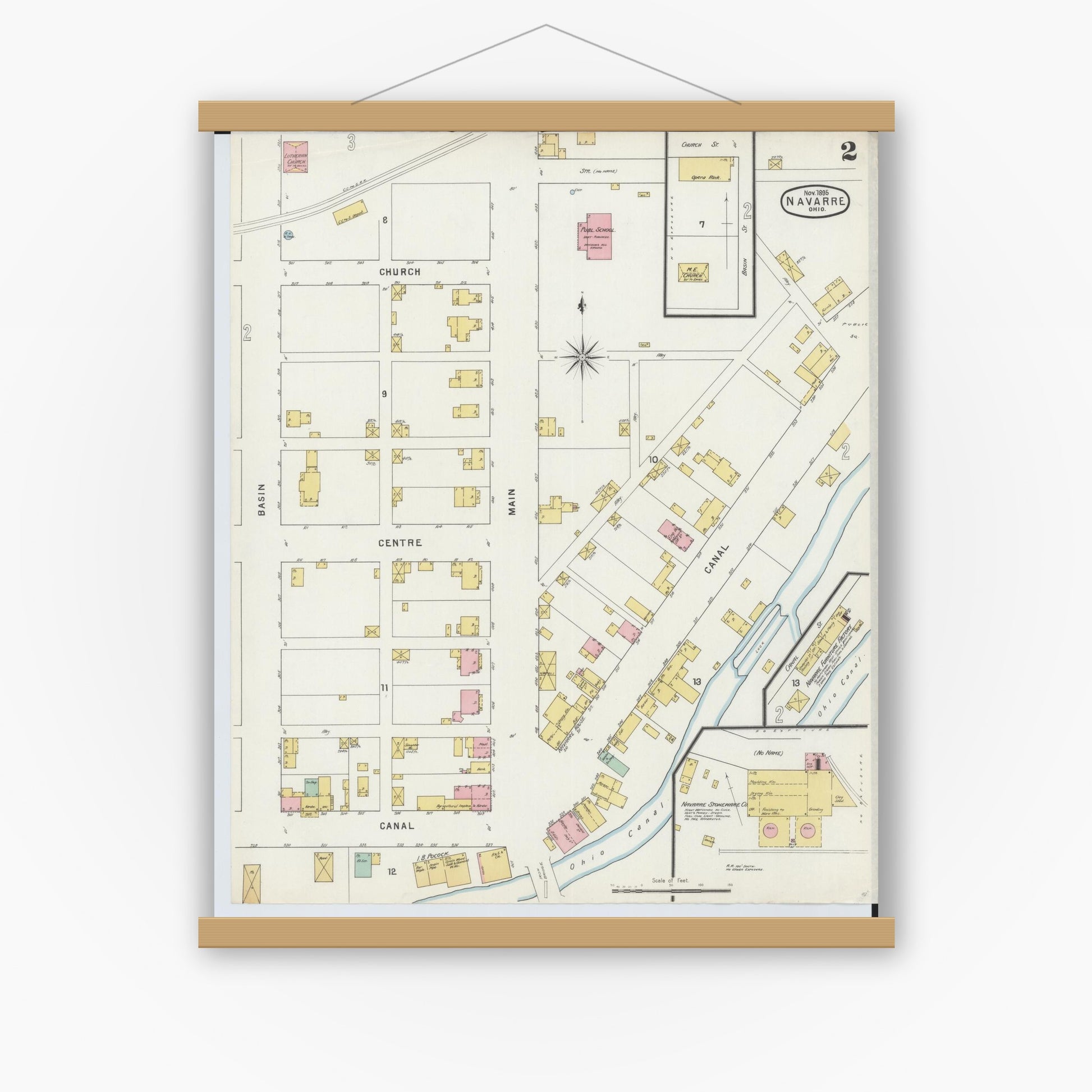 Old map wall art mockup — magnetic wood frame on white wall — Sanborn Fire Insurance Map from Navarre, Stark County, Ohio (1895), Sheet #0002