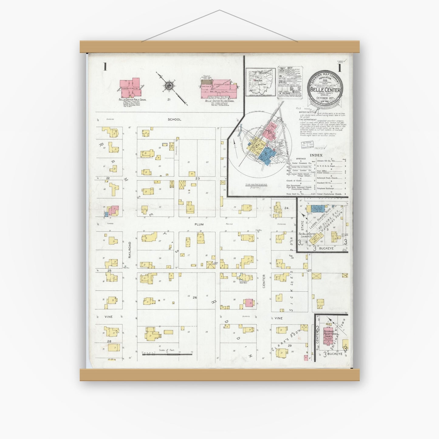 Old map wall art mockup — magnetic wood frame on white wall — Sanborn Fire Insurance Map from Belle Centre, Logan County, Ohio (1927) - Complete Map Set