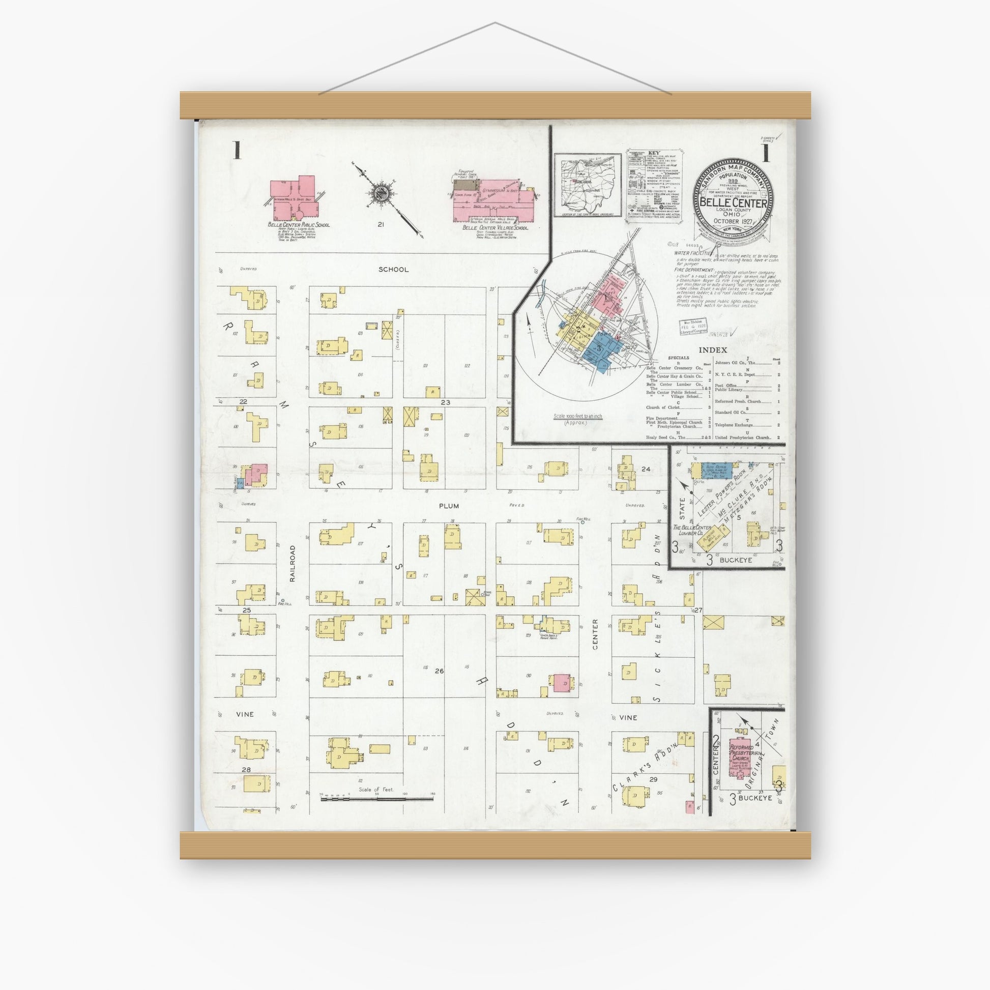 Old map wall art mockup — magnetic wood frame on white wall — Sanborn Fire Insurance Map from Belle Centre, Logan County, Ohio (1927) - Complete Map Set