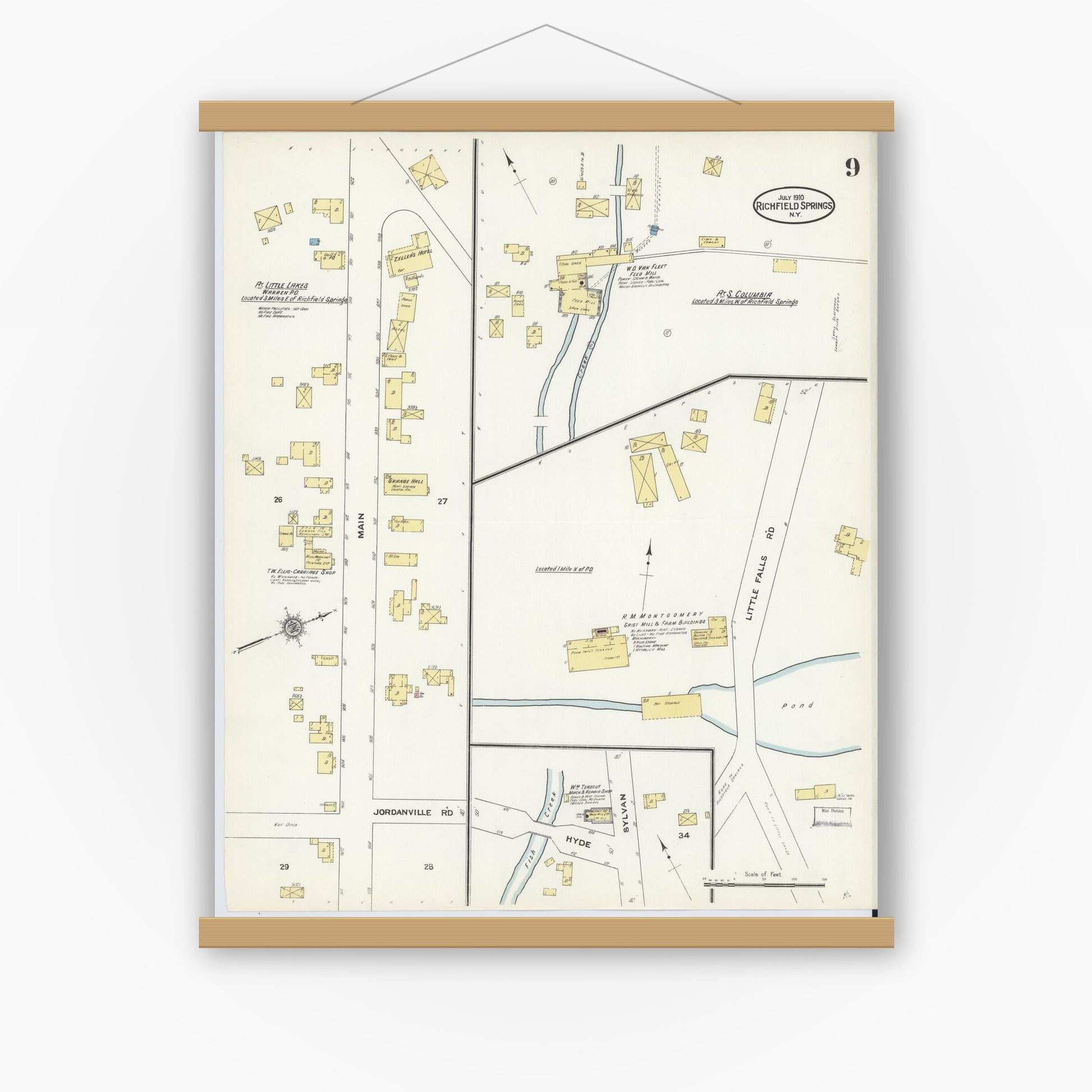 Old map wall art mockup — magnetic wood frame on white wall — Sanborn Fire Insurance Map from Richfield Springs, Otsego County, New York (1910), Sheet #0009