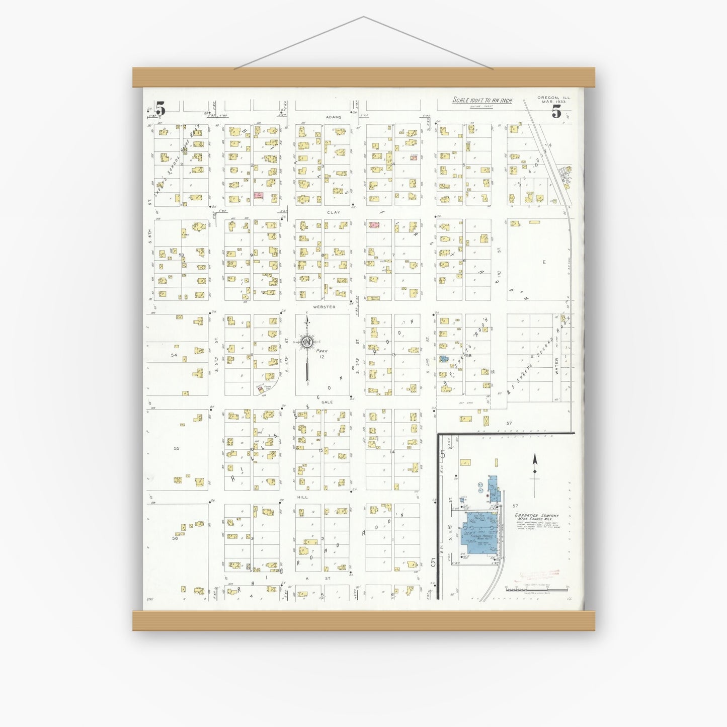 Old map wall art mockup — magnetic wood frame on white wall — Sanborn Fire Insurance Map from Oregon, Ogle County, Illinois (1933), Sheet #0005