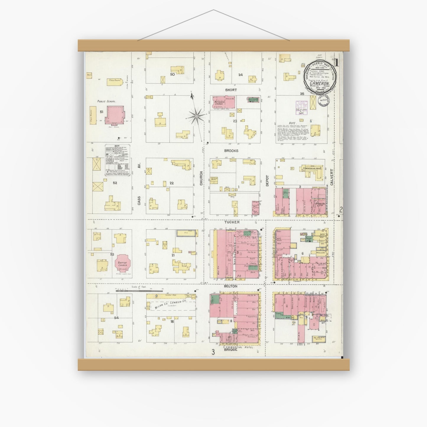 Old map wall art mockup — magnetic wood frame on white wall — Sanborn Fire Insurance Map from Cameron, Milam County, Texas (1901), Sheet #0001