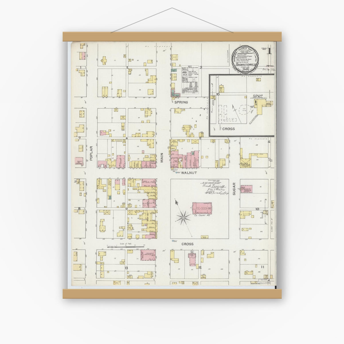 Old map wall art mockup — magnetic wood frame on white wall — Sanborn Fire Insurance Map from Brownstown, Jackson County, Indiana (1892), Sheet #0001