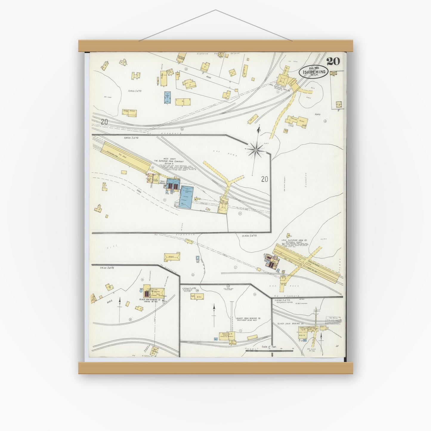 Old map wall art mockup — magnetic wood frame on white wall — Sanborn Fire Insurance Map from Ishpeming, Marquette County, Michigan (1904), Sheet #0020