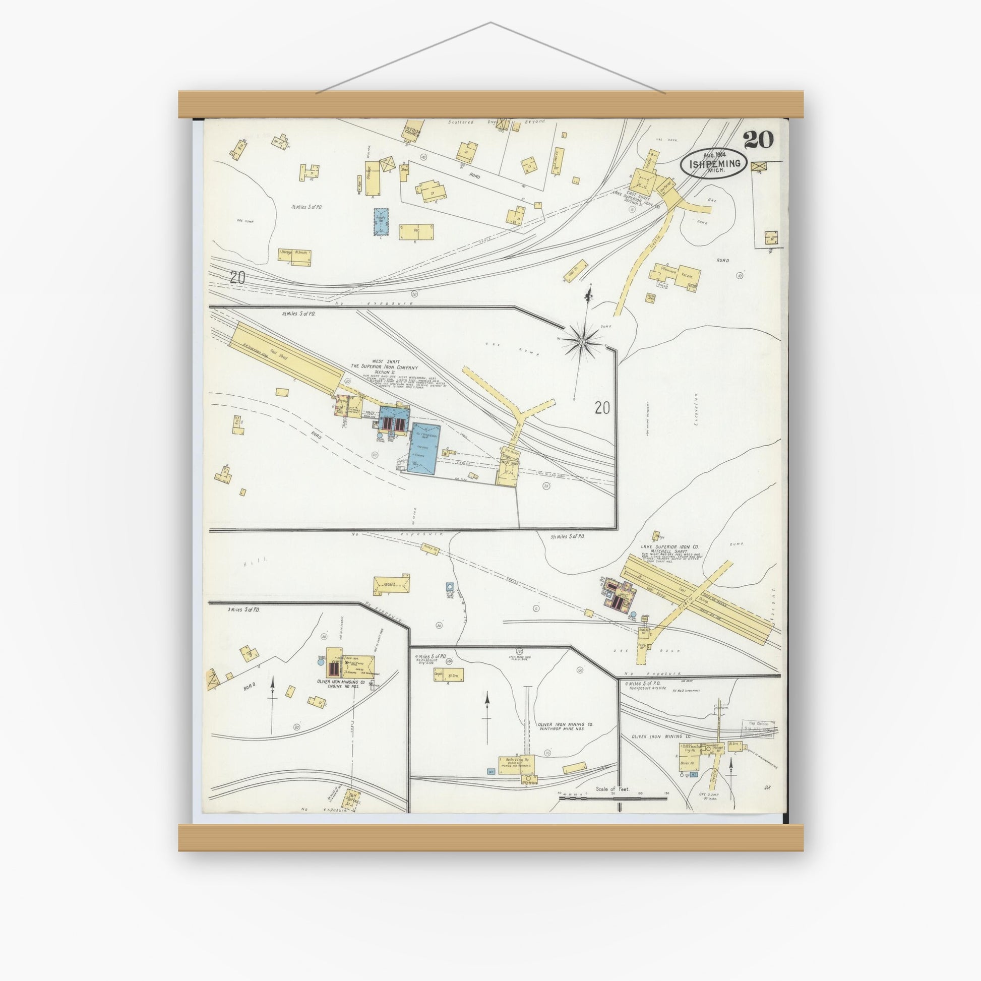 Old map wall art mockup — magnetic wood frame on white wall — Sanborn Fire Insurance Map from Ishpeming, Marquette County, Michigan (1904), Sheet #0020