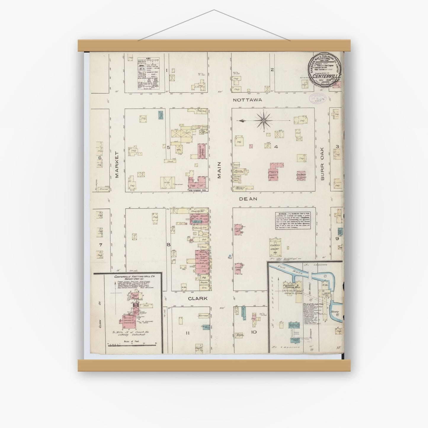 Old map wall art mockup — magnetic wood frame on white wall — Sanborn Fire Insurance Map from Centreville, Saint Joseph County, Michigan (1884), Sheet #0001