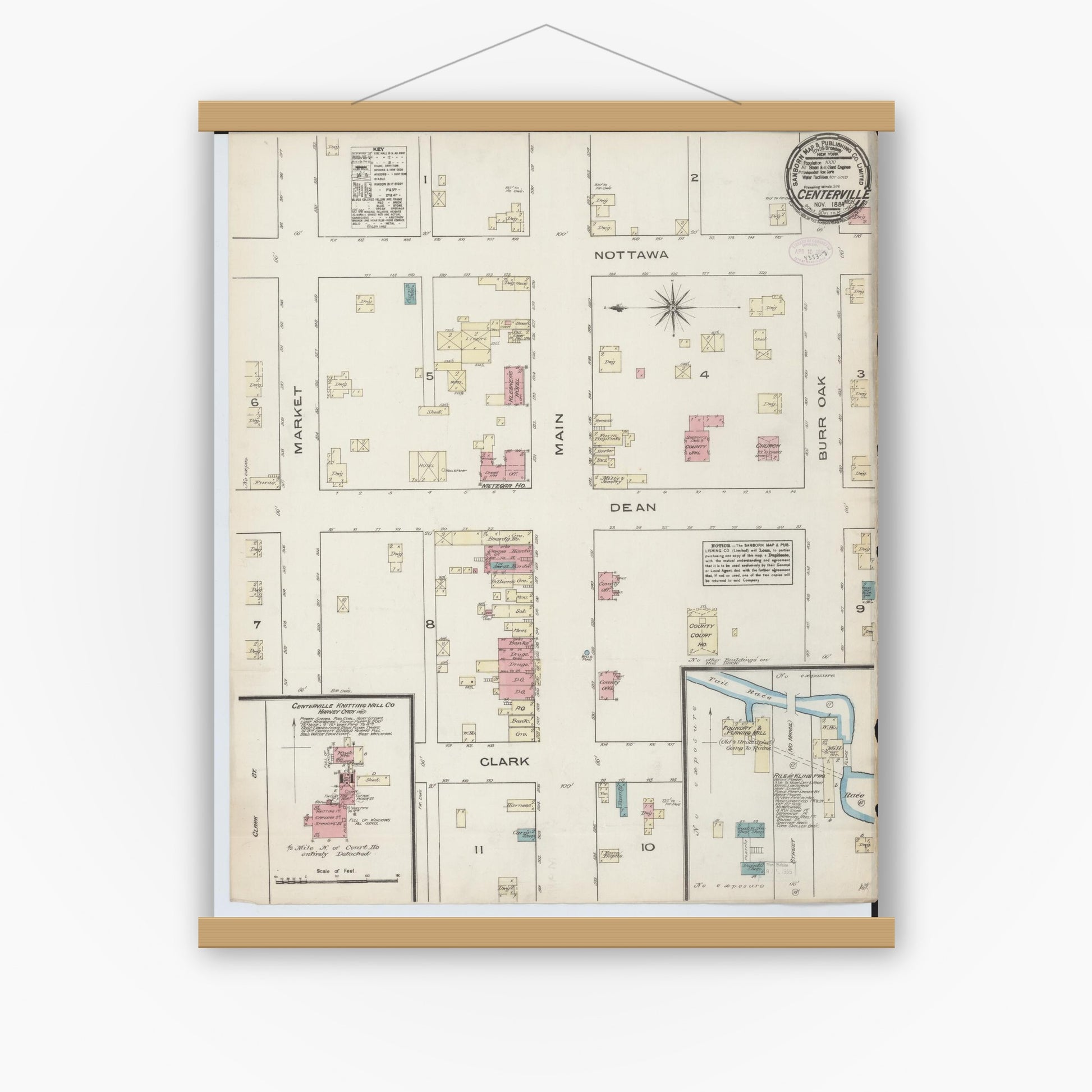 Old map wall art mockup — magnetic wood frame on white wall — Sanborn Fire Insurance Map from Centreville, Saint Joseph County, Michigan (1884), Sheet #0001
