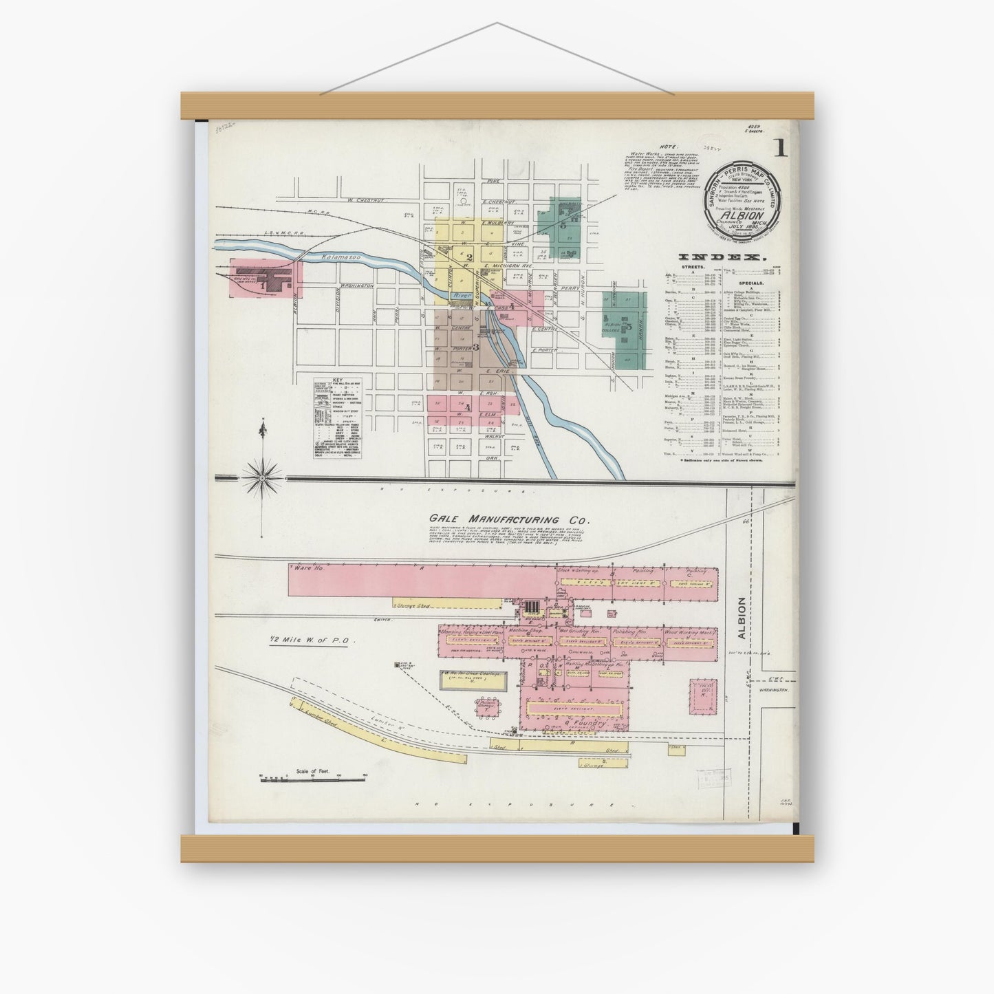 Old map wall art mockup — magnetic wood frame on white wall — Sanborn Fire Insurance Map from Albion, Calhoun County, Michigan (1893) - Complete Map Set