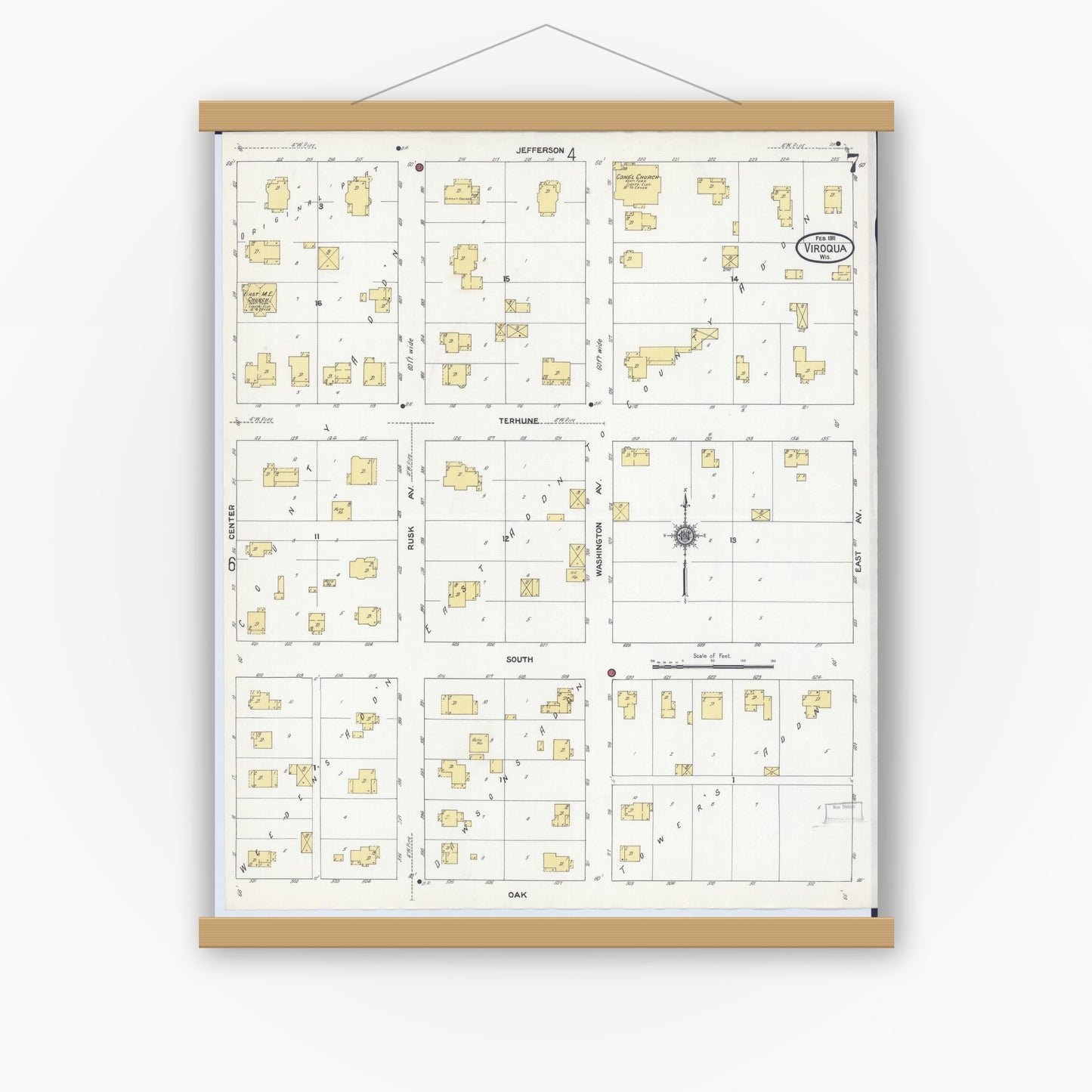 Old map wall art mockup — magnetic wood frame on white wall — Sanborn Fire Insurance Map from Viroqua, Vernon County, Wisconsin (1911), Sheet #0007