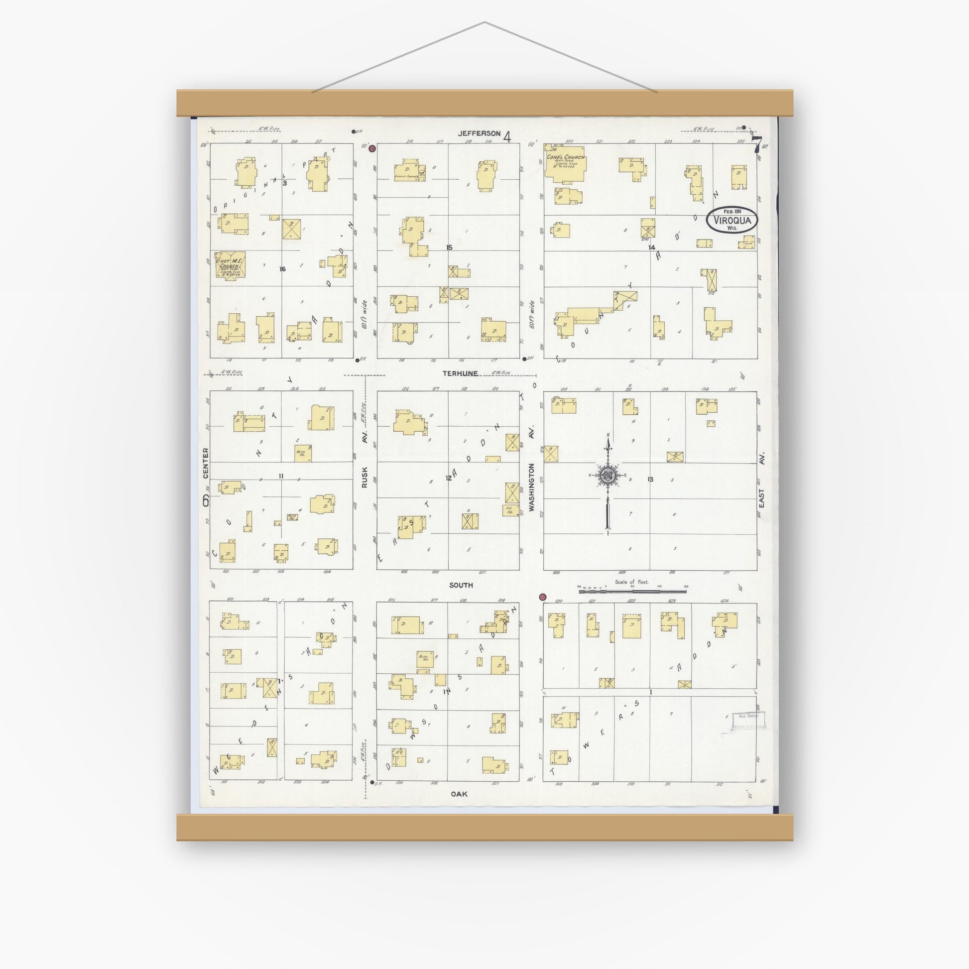 Old map wall art mockup — magnetic wood frame on white wall — Sanborn Fire Insurance Map from Viroqua, Vernon County, Wisconsin (1911), Sheet #0007