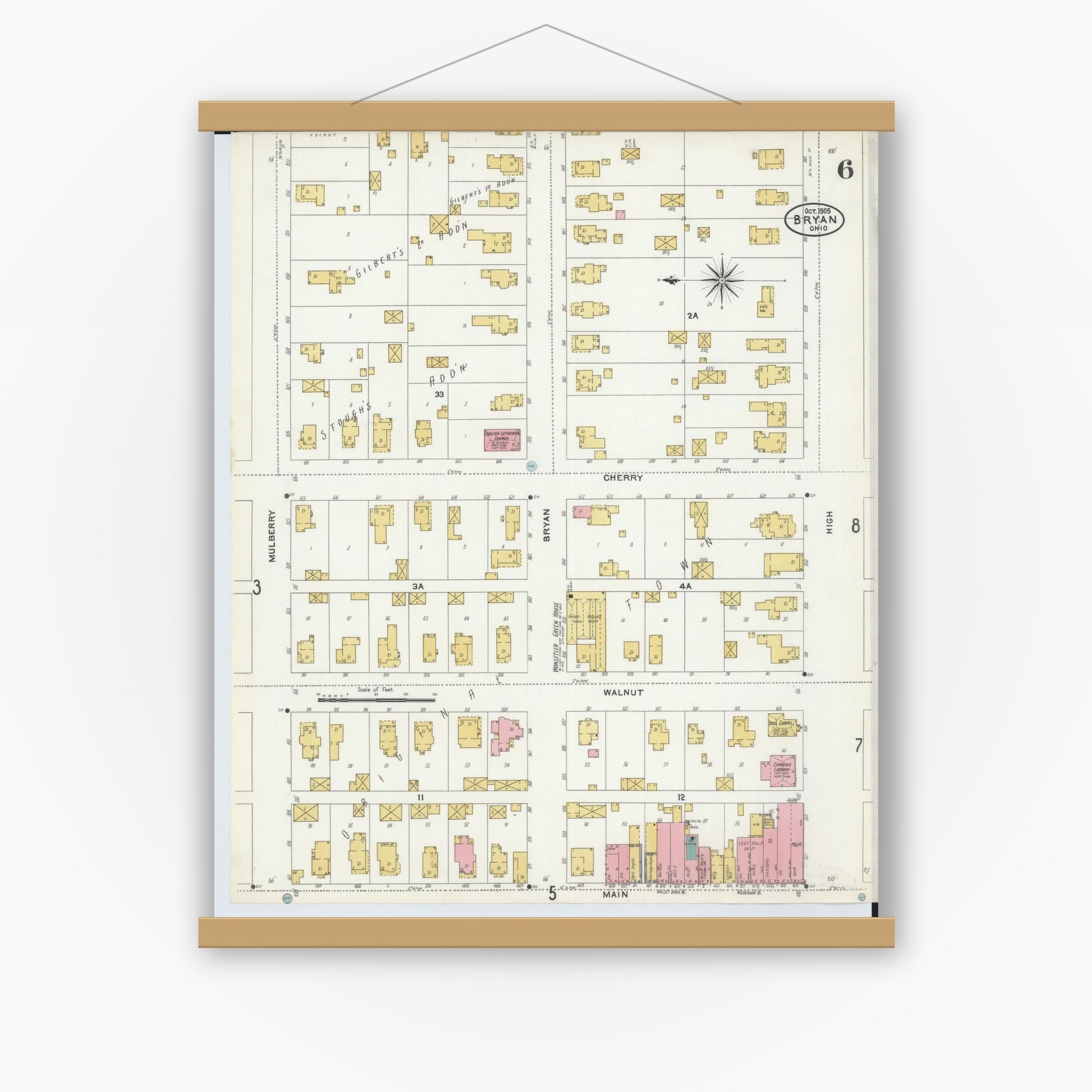 Old map wall art mockup — magnetic wood frame on white wall — Sanborn Fire Insurance Map from Bryan, Williams County, Ohio (1905), Sheet #0006