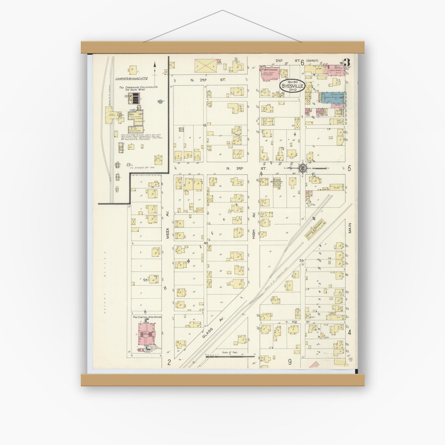 Old map wall art mockup — magnetic wood frame on white wall — Sanborn Fire Insurance Map from Byesville, Guernsey County, Ohio (1913), Sheet #0003