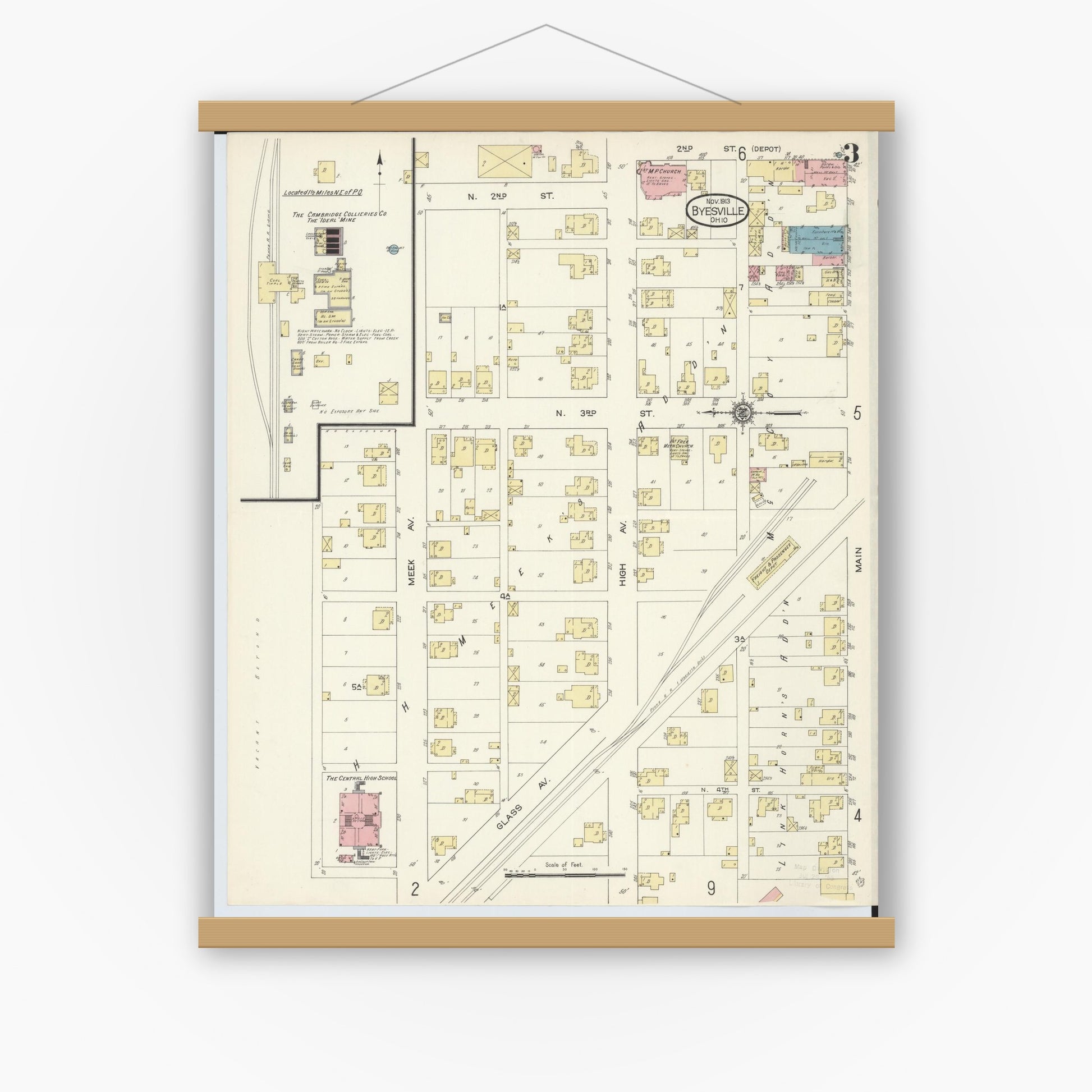 Old map wall art mockup — magnetic wood frame on white wall — Sanborn Fire Insurance Map from Byesville, Guernsey County, Ohio (1913), Sheet #0003
