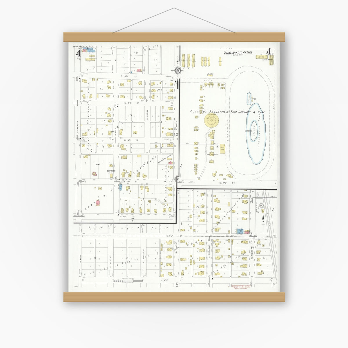 Old map wall art mockup — magnetic wood frame on white wall — Sanborn Fire Insurance Map from Shelbyville, Shelby County, Illinois (1933), Sheet #0004