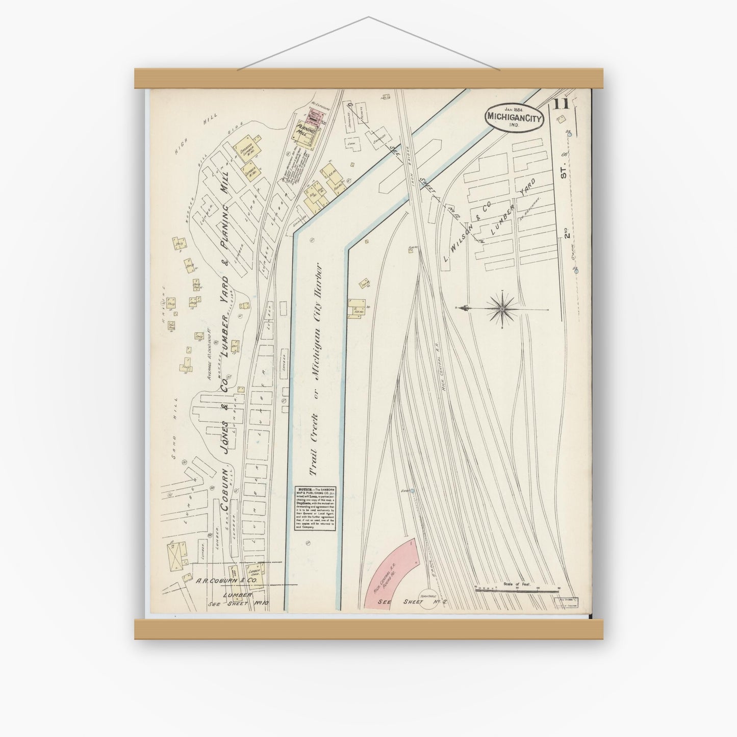Old map wall art mockup — magnetic wood frame on white wall — Sanborn Fire Insurance Map from Michigan City, La Porte  County, Indiana (1884), Sheet #0011