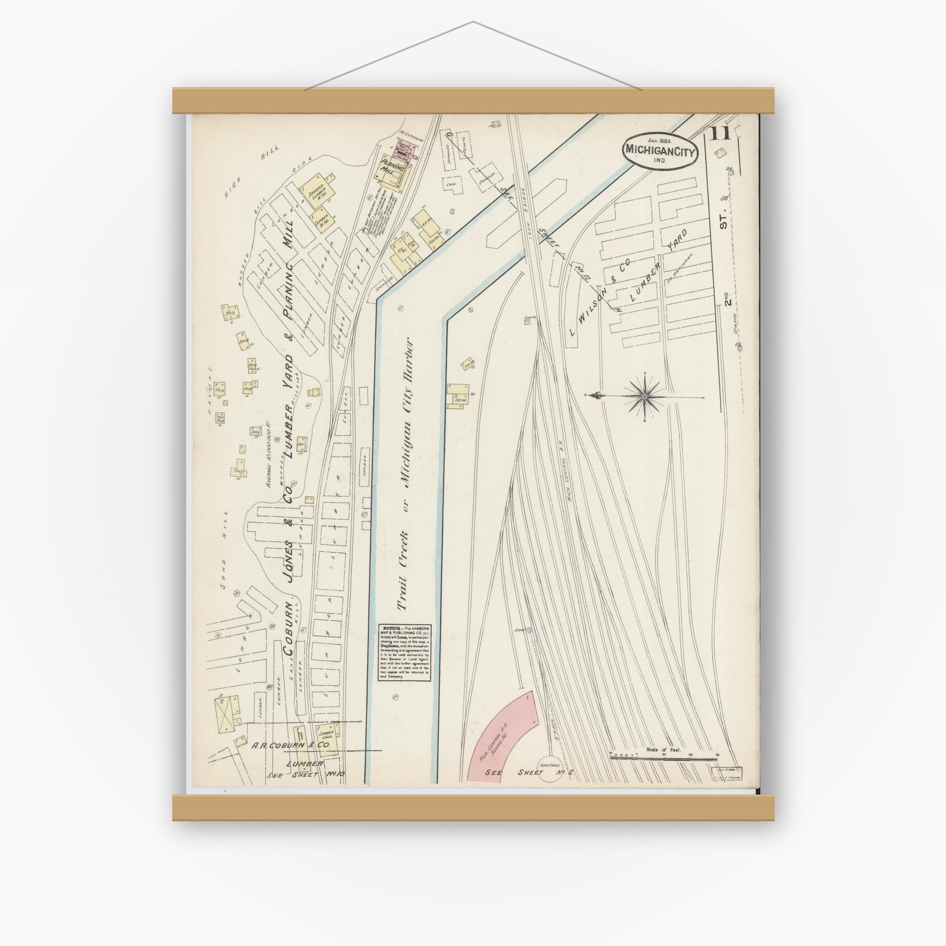 Old map wall art mockup — magnetic wood frame on white wall — Sanborn Fire Insurance Map from Michigan City, La Porte  County, Indiana (1884), Sheet #0011