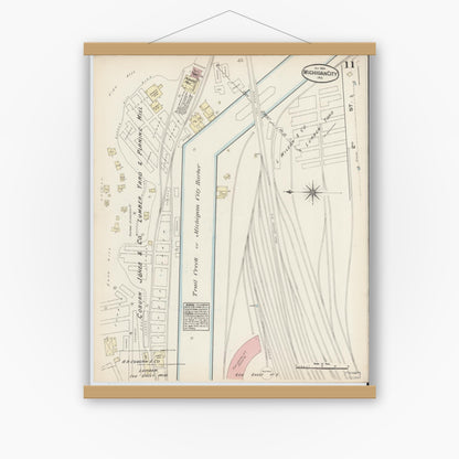 Old map wall art mockup — magnetic wood frame on white wall — Sanborn Fire Insurance Map from Michigan City, La Porte  County, Indiana (1884), Sheet #0011