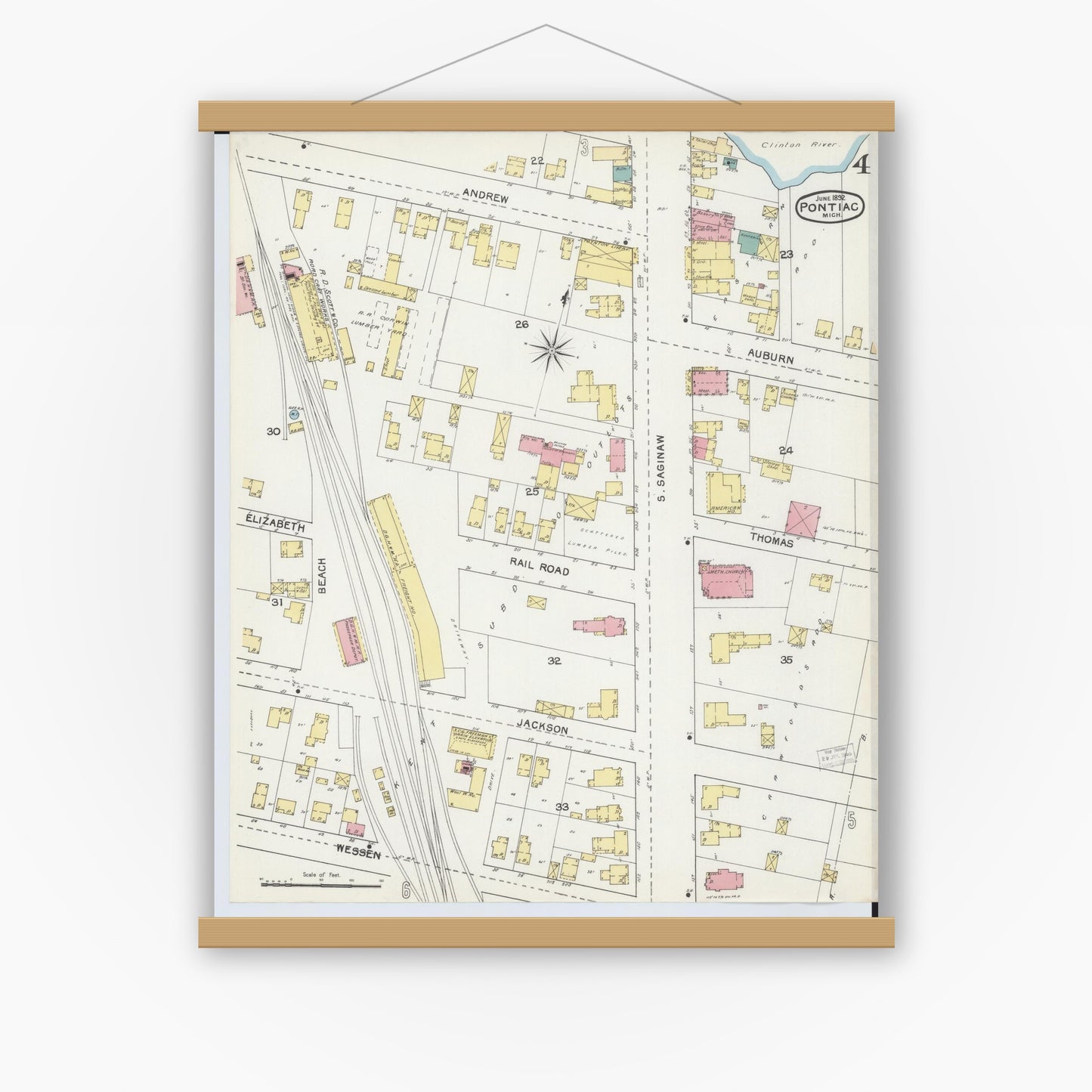 Old map wall art mockup — magnetic wood frame on white wall — Sanborn Fire Insurance Map from Pontiac, Oakland County, Michigan (1892), Sheet #0004