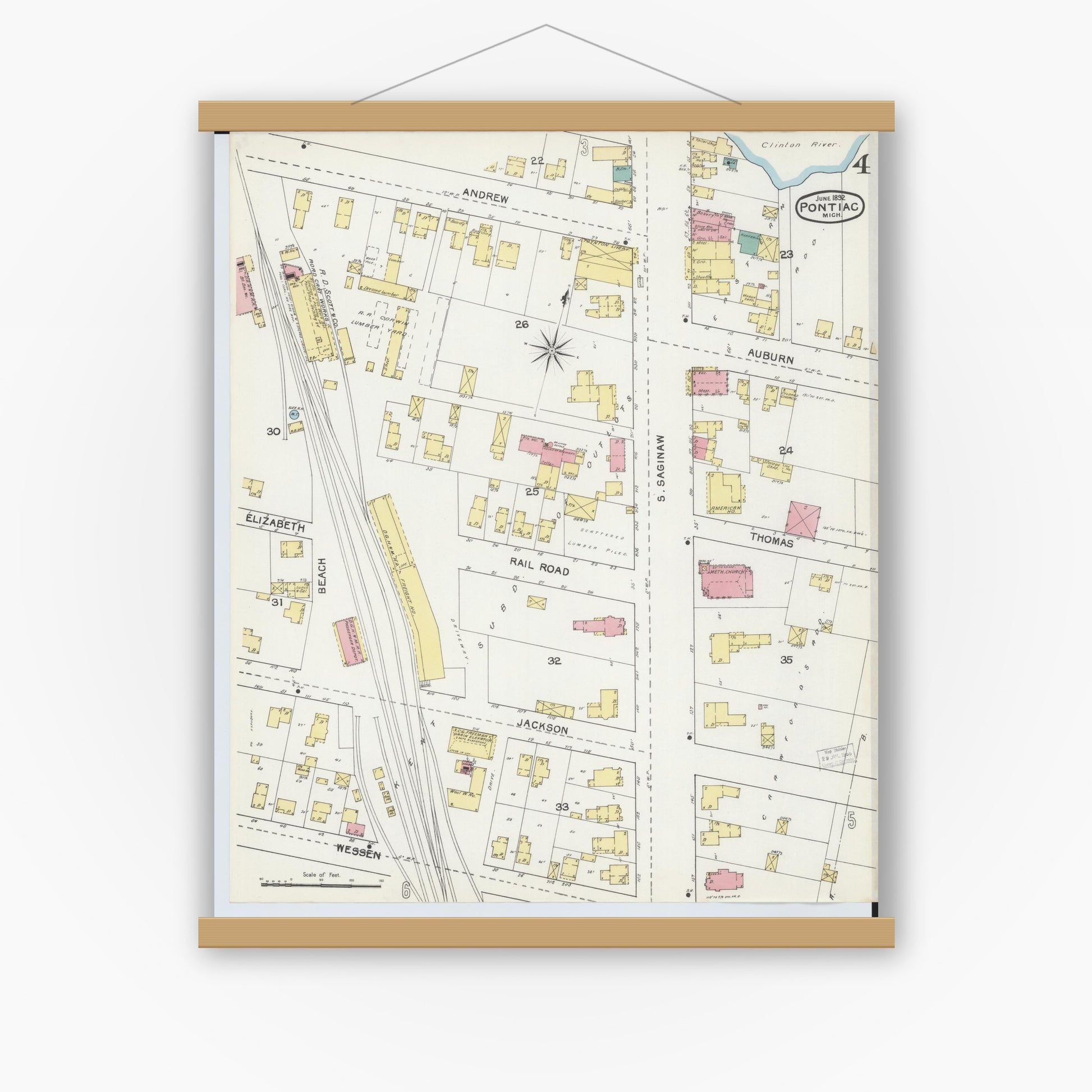 Old map wall art mockup — magnetic wood frame on white wall — Sanborn Fire Insurance Map from Pontiac, Oakland County, Michigan (1892), Sheet #0004
