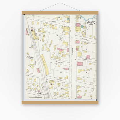 Old map wall art mockup — magnetic wood frame on white wall — Sanborn Fire Insurance Map from Pontiac, Oakland County, Michigan (1892), Sheet #0004