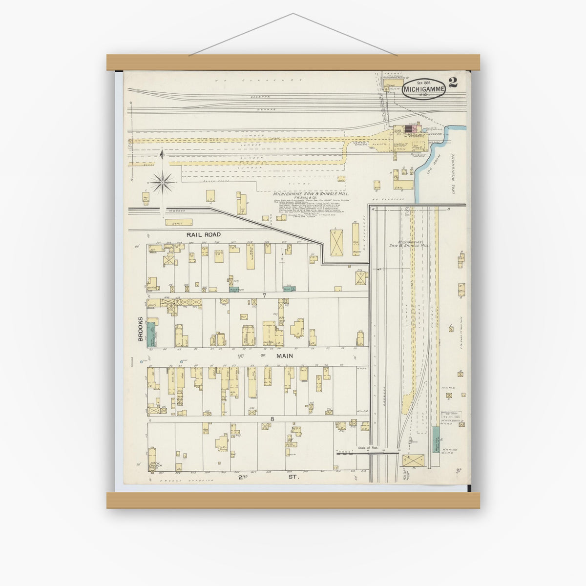 Old map wall art mockup — magnetic wood frame on white wall — Sanborn Fire Insurance Map from Michigamme, Marquette County, Michigan (1892), Sheet #0002