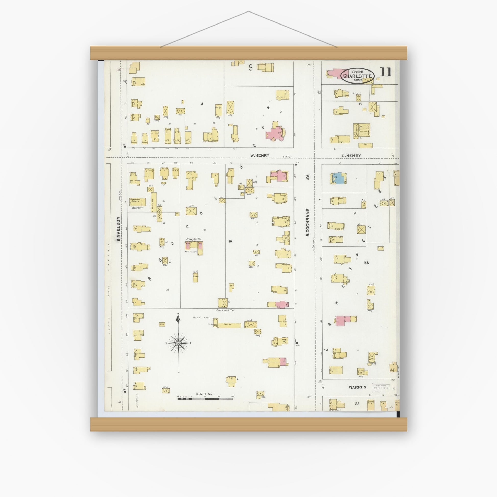 Old map wall art mockup — magnetic wood frame on white wall — Sanborn Fire Insurance Map from Charlotte, Eaton County, Michigan (1904), Sheet #0011