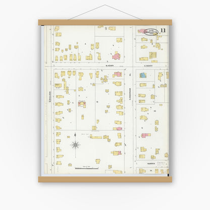 Old map wall art mockup — magnetic wood frame on white wall — Sanborn Fire Insurance Map from Charlotte, Eaton County, Michigan (1904), Sheet #0011