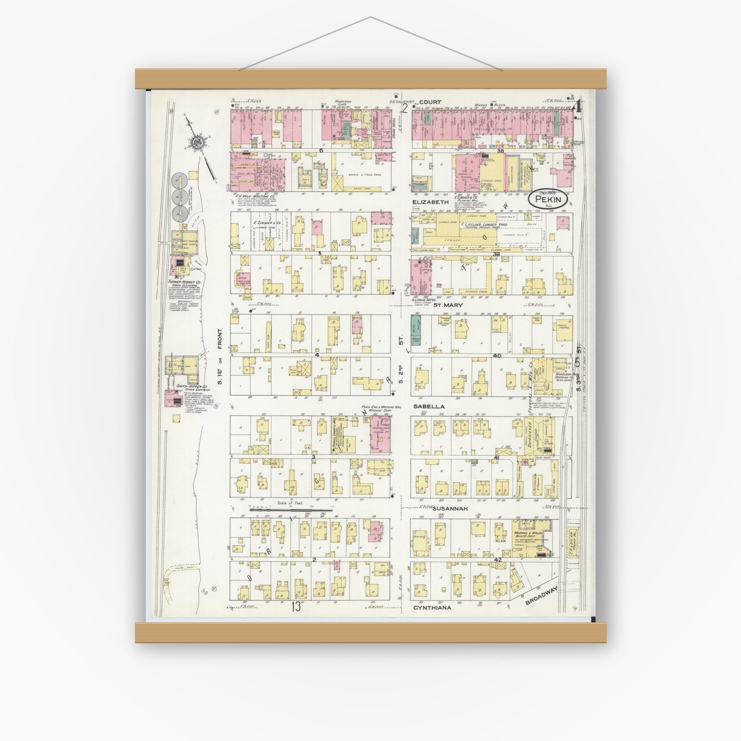 Old map wall art mockup — magnetic wood frame on white wall — Sanborn Fire Insurance Map from Pekin, Tazewell County, Illinois (1909), Sheet #0004